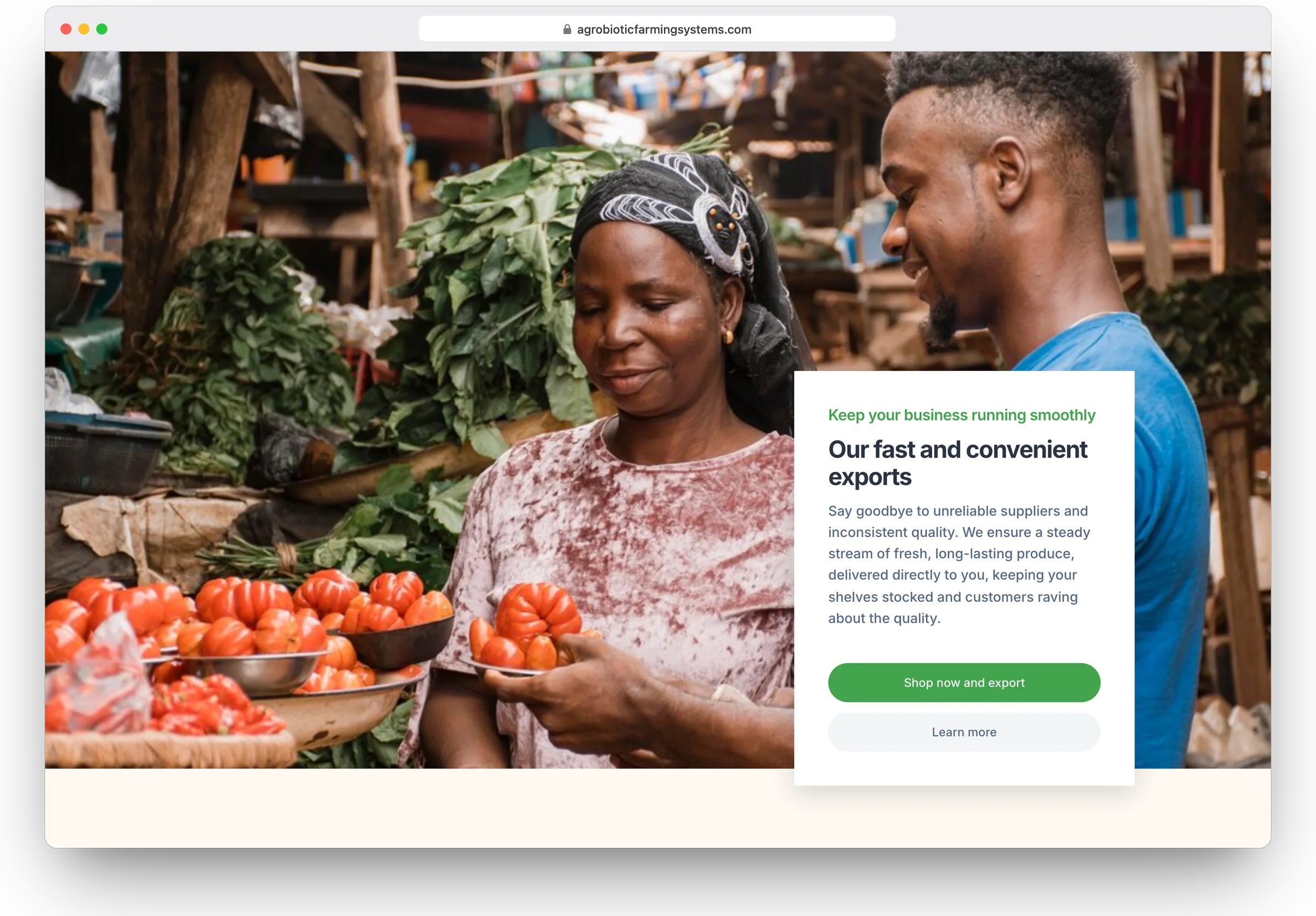 Agrobiotic Farming Systems website, about us section 4 in a desktop browser