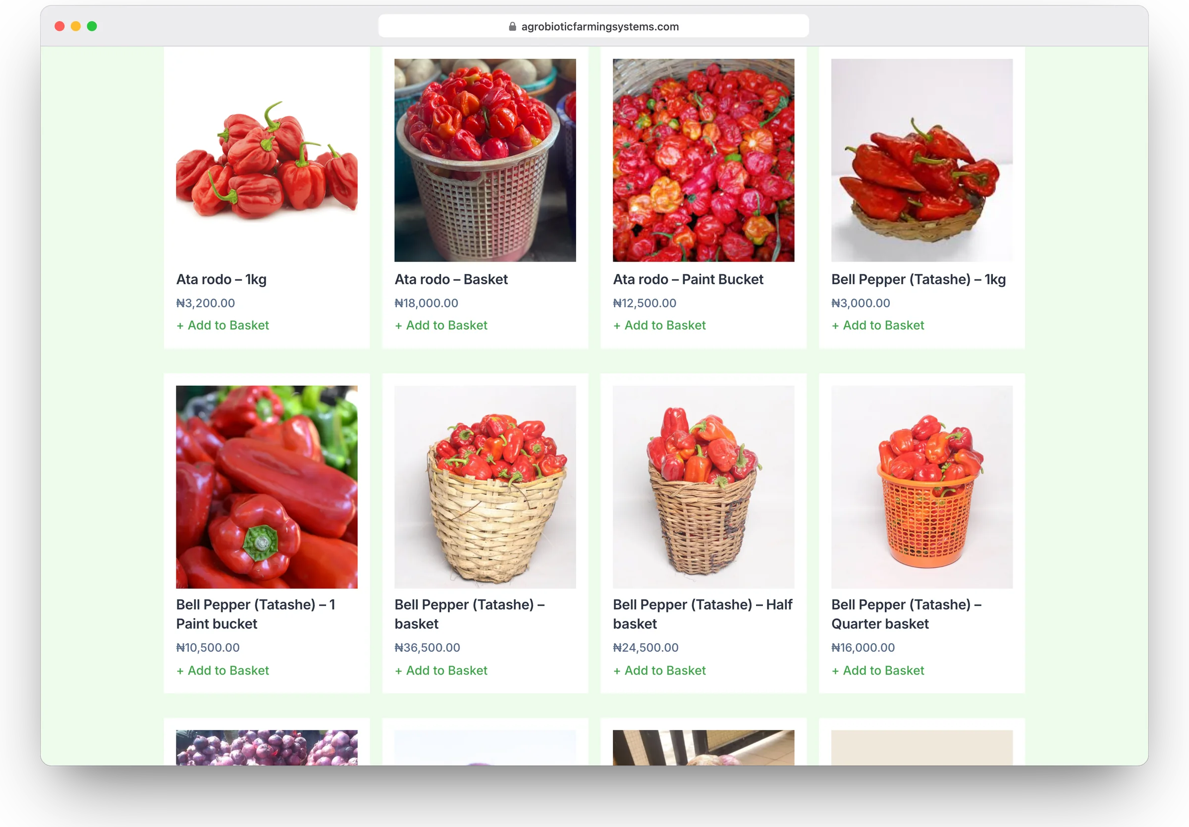 Agrobiotic Farming Systems website, marketplace section 2 in a desktop browser