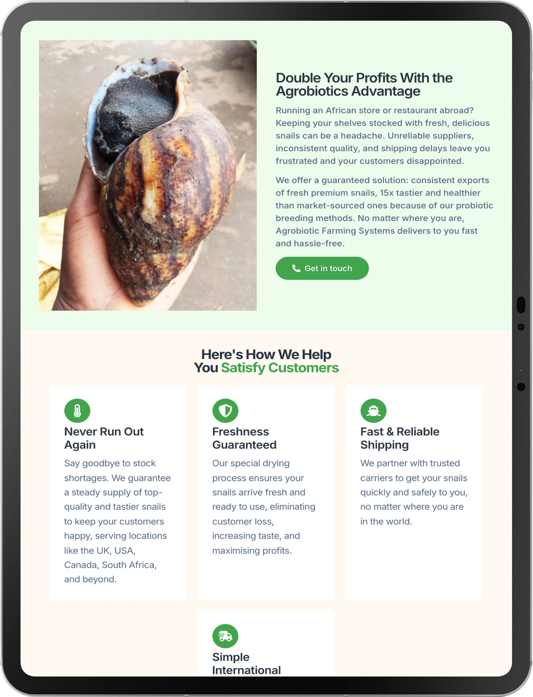 Agrobiotic Farming Systems website, snail farming section 2 on iPad