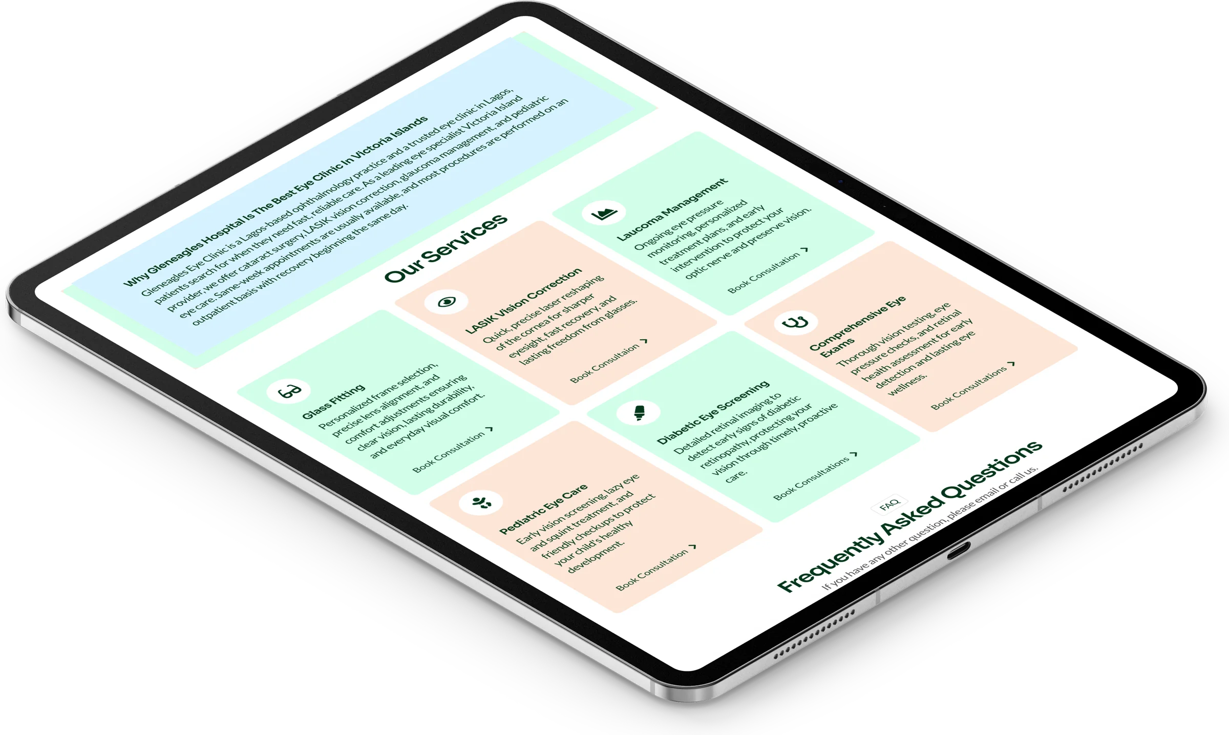 Gleneagles Hospital website, eye clinic in victoria island section 2 on iPad