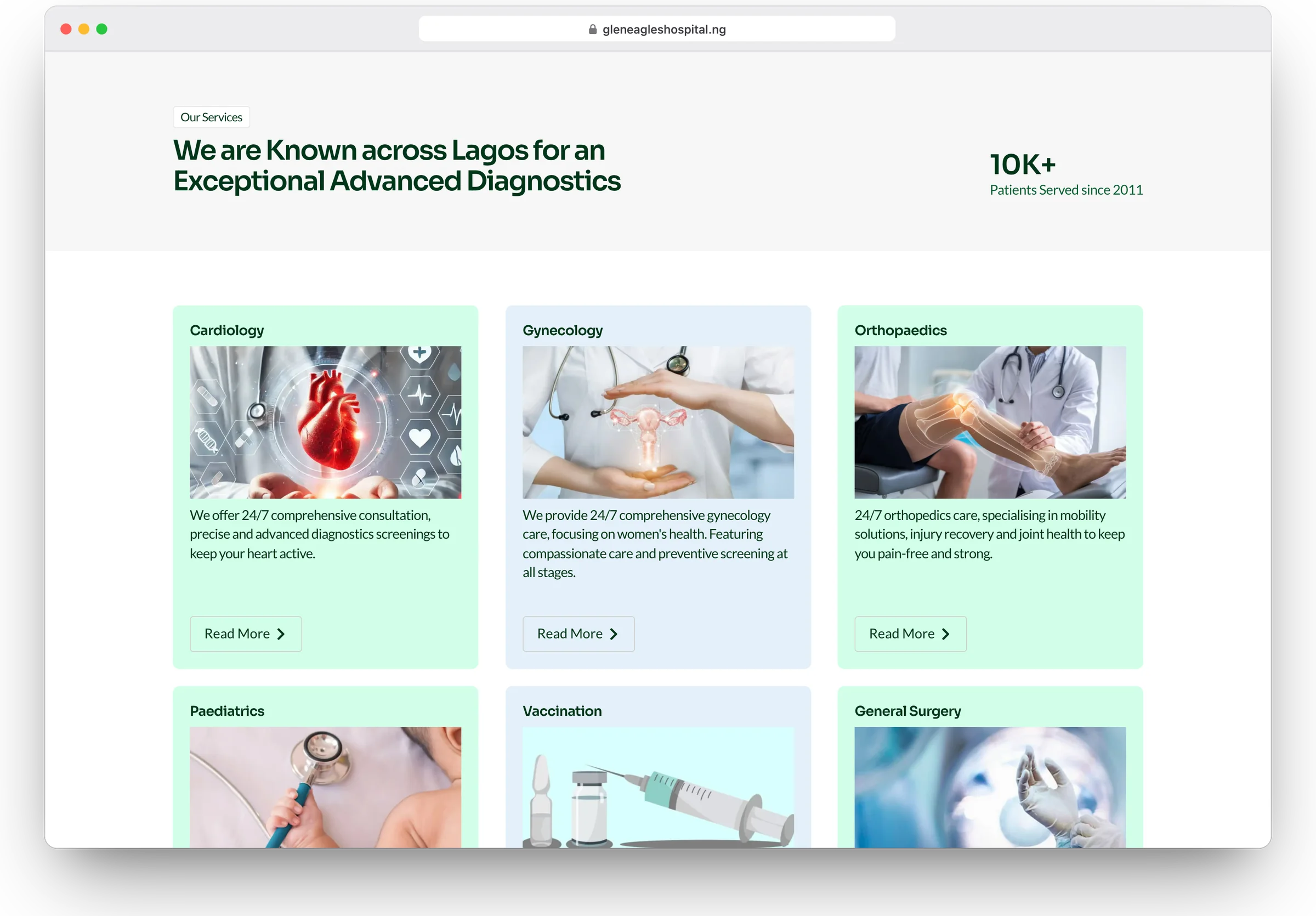 Gleneagles Hospital website, home section 4 in a desktop browser