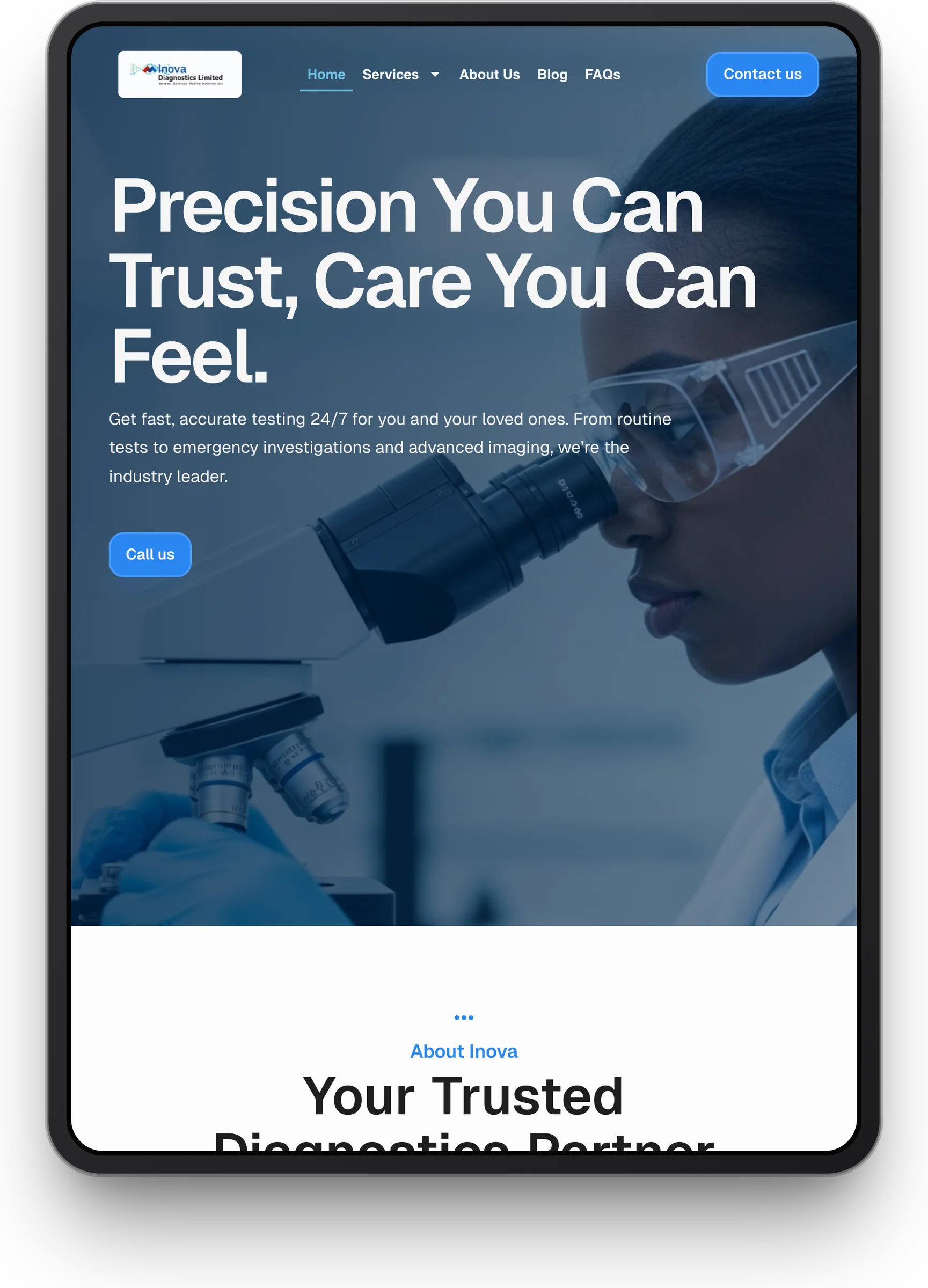 Inova Diagnostics website, home section 1 on iPad