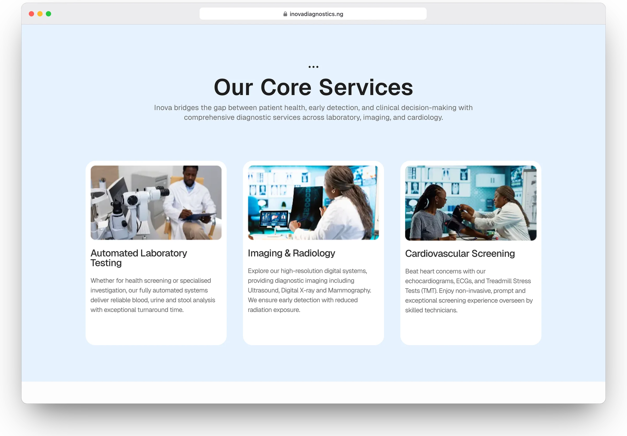 Inova Diagnostics website, home section 3 in a desktop browser