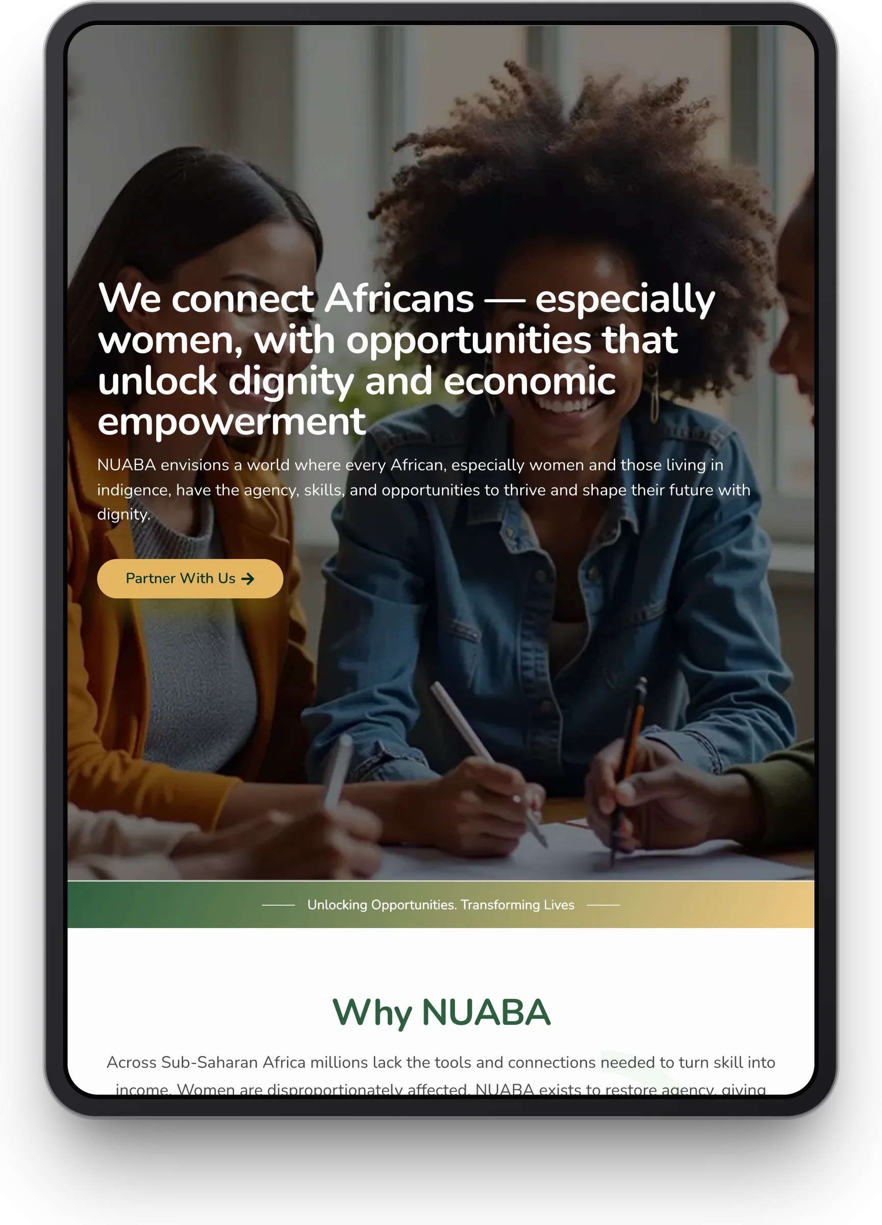 NUABA Foundation website, home section 1 on iPad