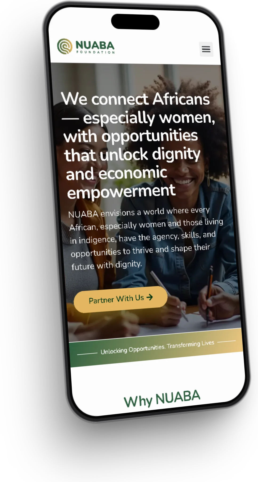 NUABA Foundation website, home section 1 on iPhone