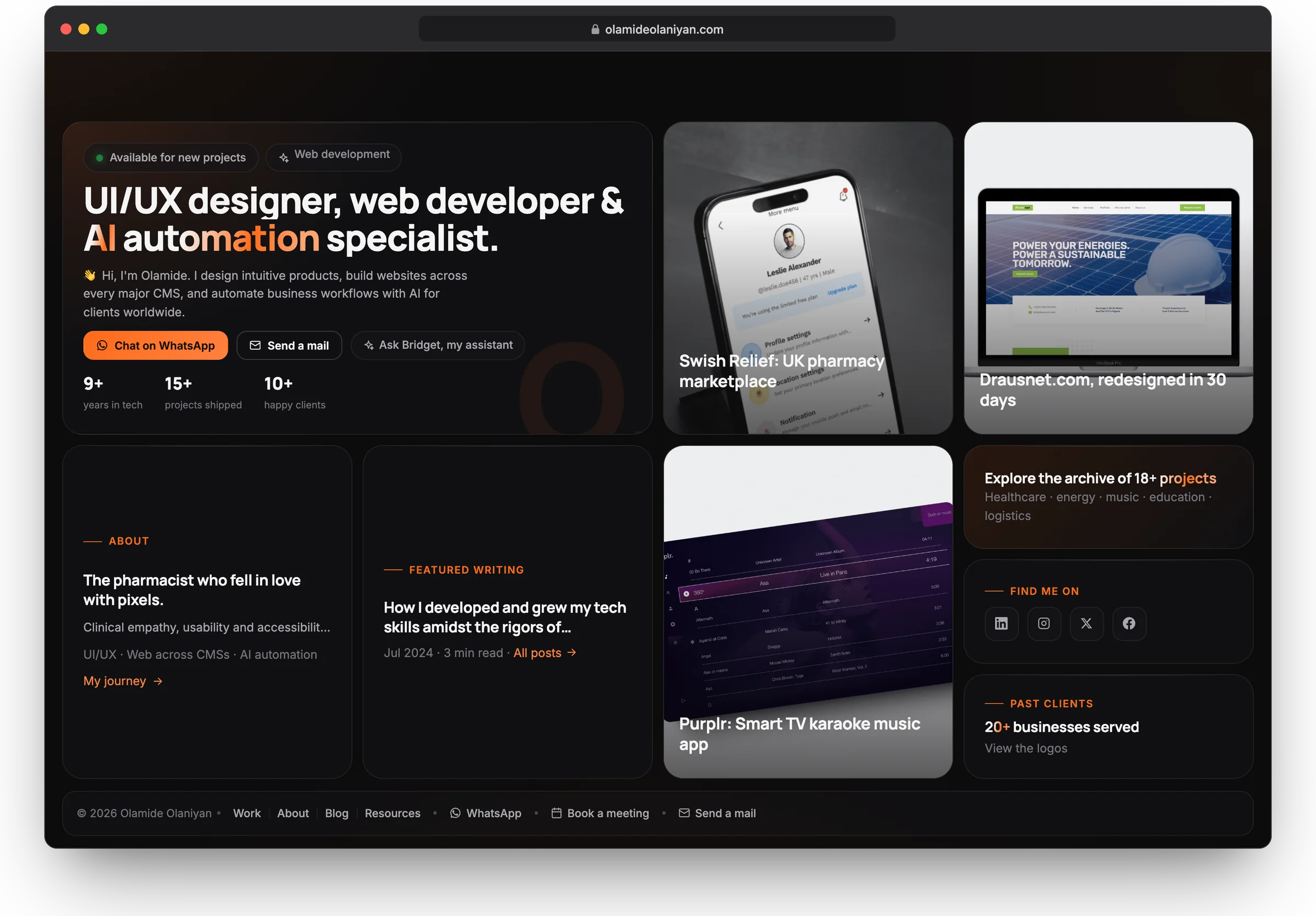 Olamide Olaniyan portfolio website, home section 1 in a desktop browser