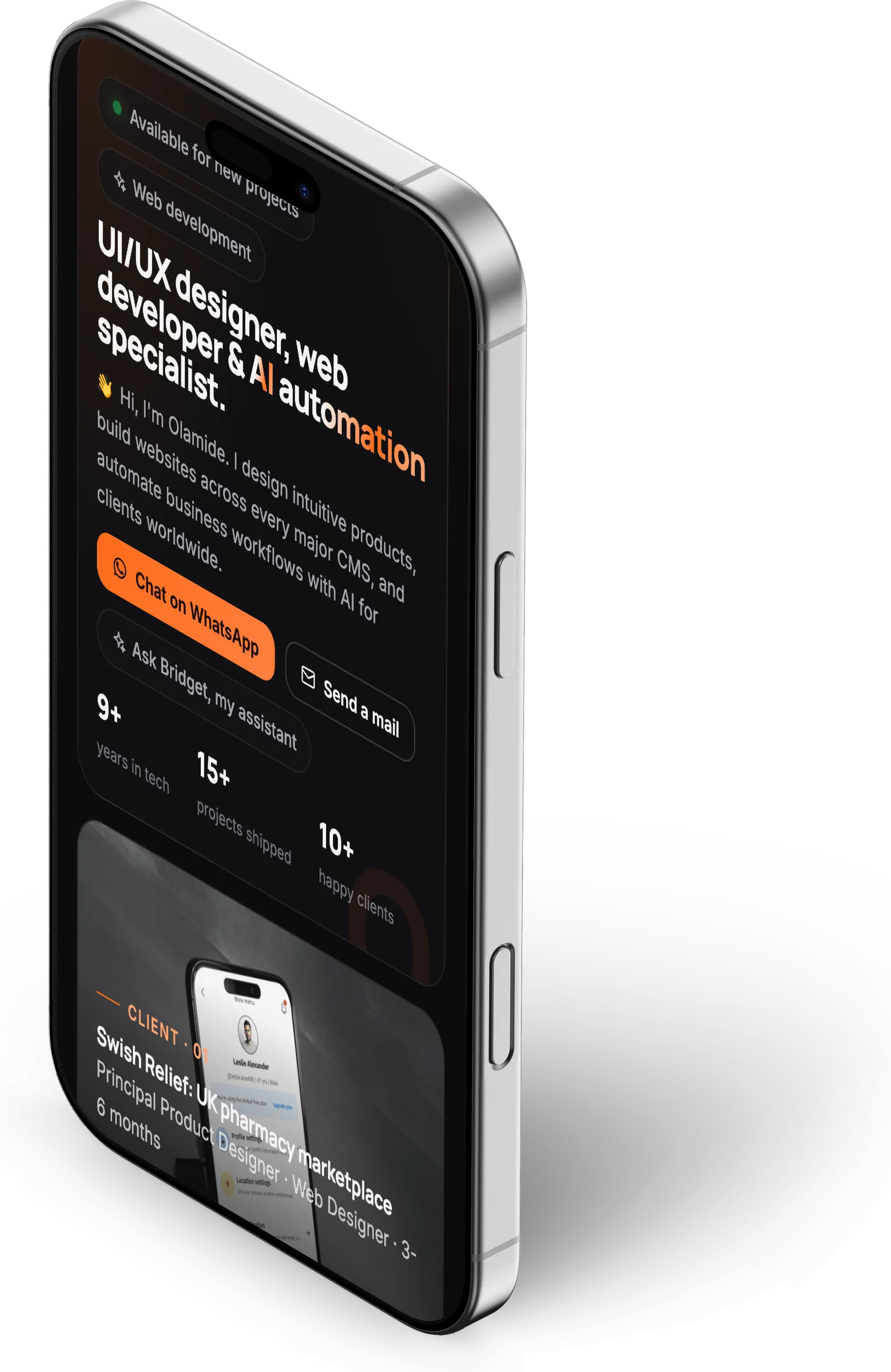 Olamide Olaniyan portfolio website, home section 2 on iPhone