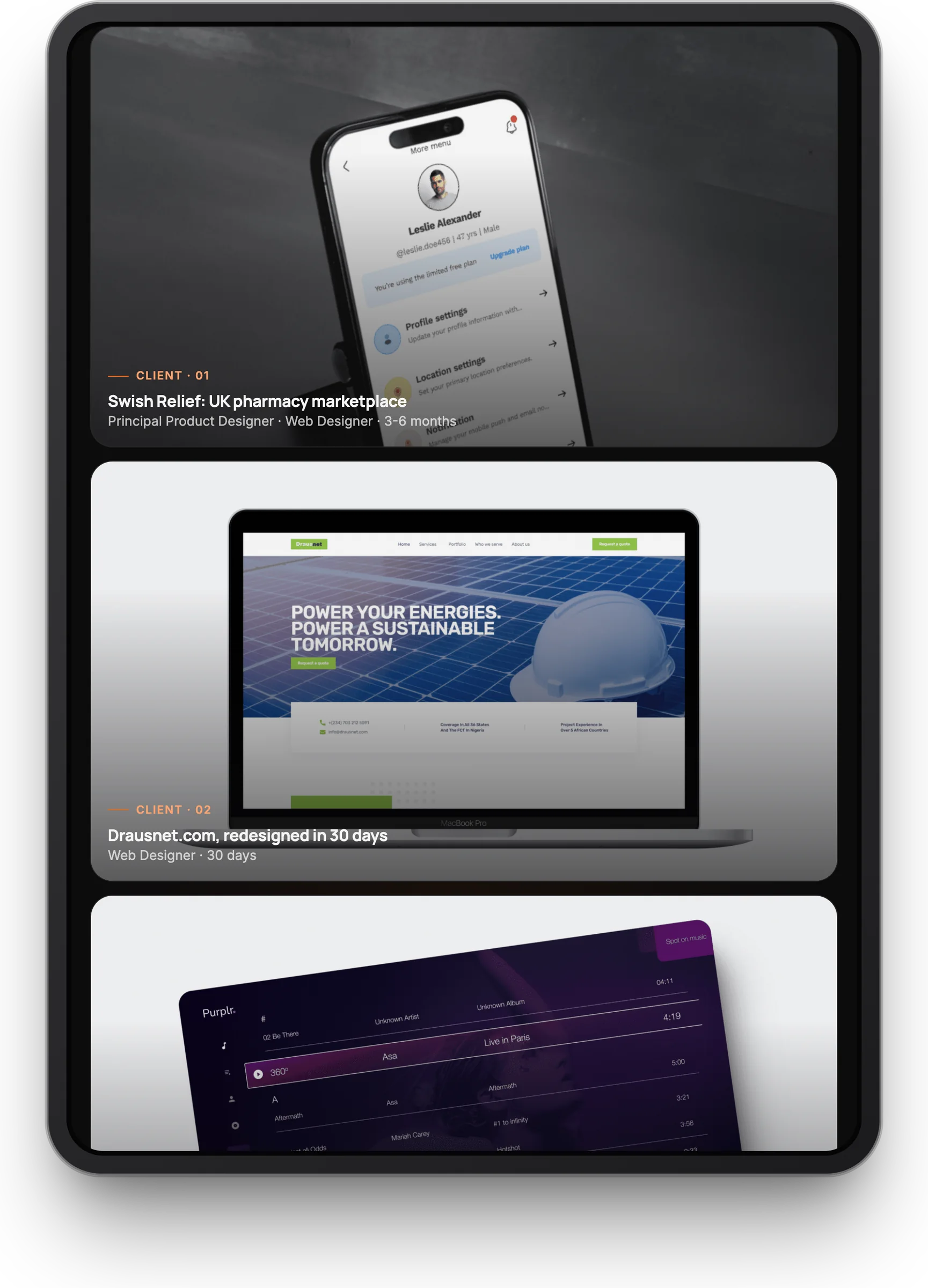 Olamide Olaniyan portfolio website, home section 3 on iPad