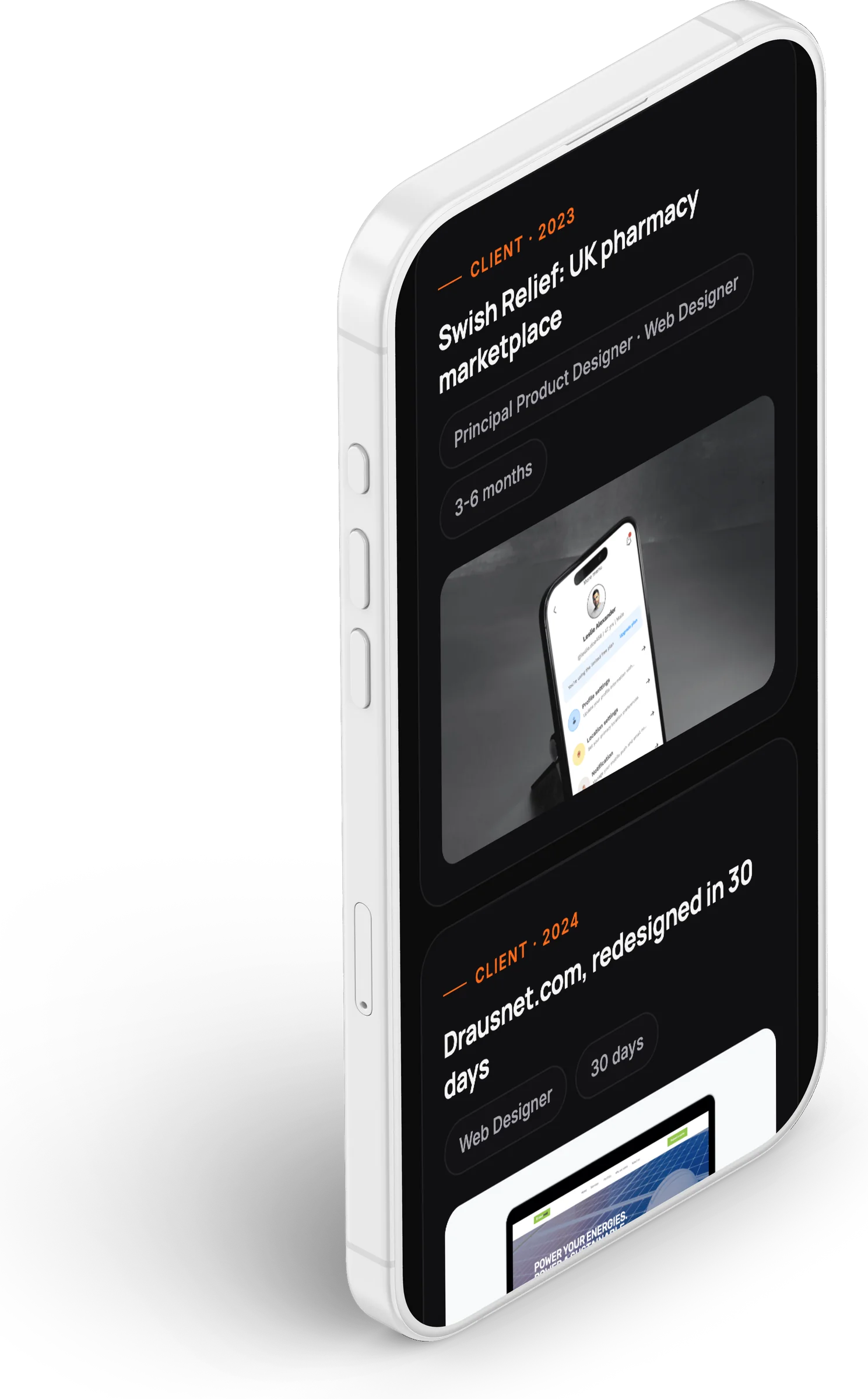 Olamide Olaniyan portfolio website, projects section 2 on iPhone