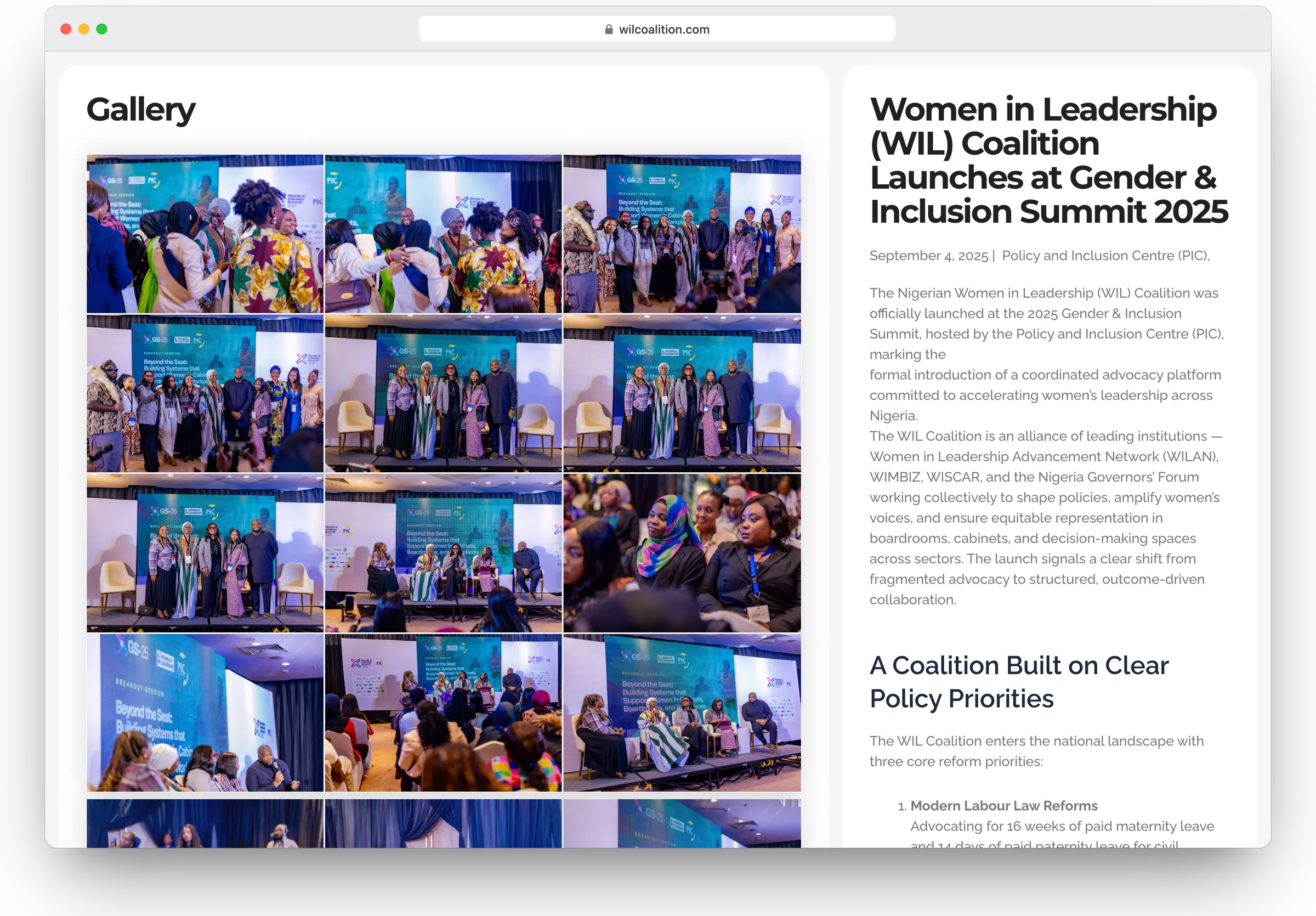 WiL Coalition website, event gallery section 1 in a desktop browser