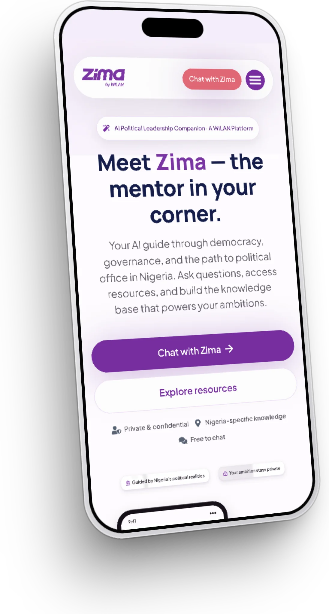 Zima by WILAN website, zima section 1 on iPhone
